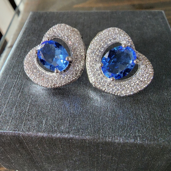 Jewelry - New 925 Sterling Silver Heart Tanzanite with White Topaz Ladies Post Earrings